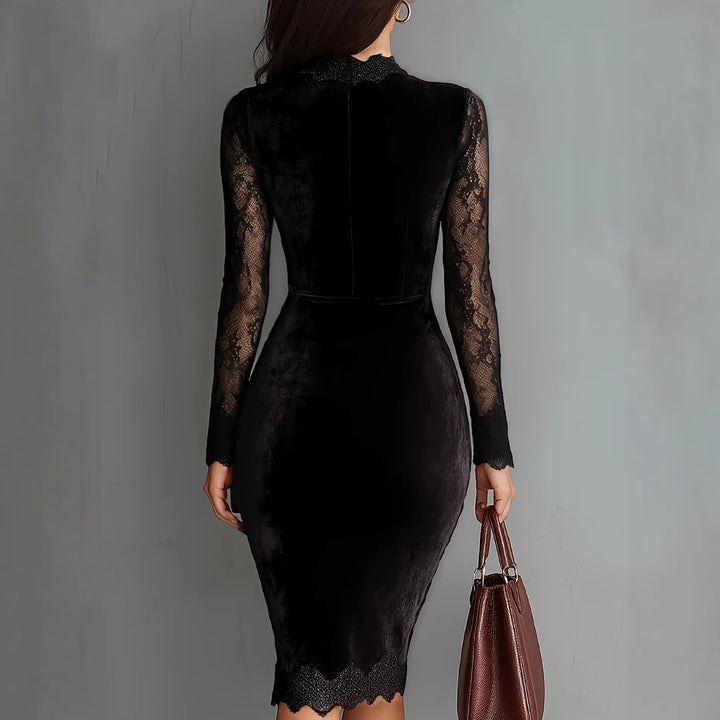 Damen Elegantes Samtkleid mit Spitzeneinsätzen und tailliertem Schnitt Echo Archiv