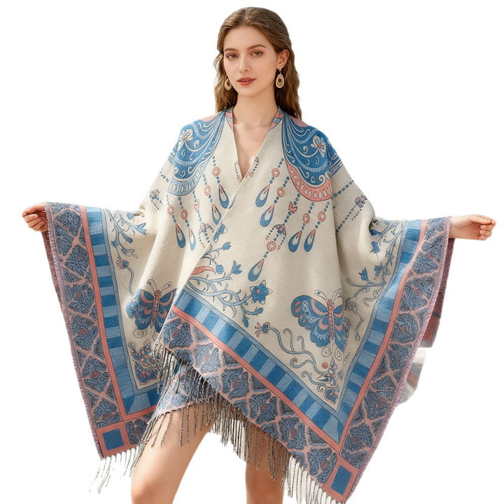Damen Gewebter Kimono-Poncho mit Ornamentjacquard, V-Ausschnitt und Fransensaum – Avérine