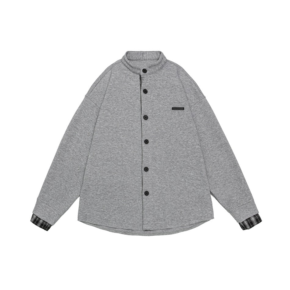 Unisex Oversize-Hemdjacke im Sweat-Overlay mit Stehkragen und karierter Innenmanschette Echoarchiv