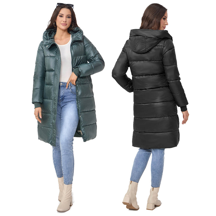 Damen Langer Puffer‑Mantel mit hohem Stehkragen, wattierter Steppung und elastischen Bündchen Echoarchiv