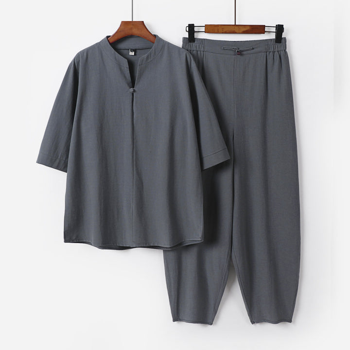 Herren Zweiteiliges Leichtes Leinen-Baumwoll-Set mit Mandarin-Kragen und elastischer Bundhose Echoarchiv