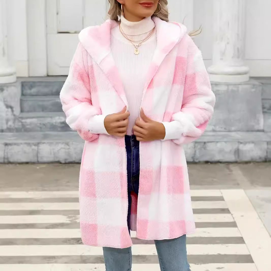 Damen Oversize Karierter Teddy-Mantel mit Kapuze und Eingrifftaschen Echo Archiv