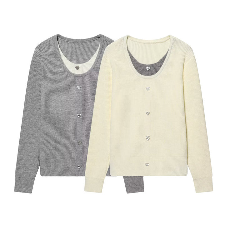 Damen zweilagiger Feinstrick-Cardigan mit integriertem Untertop und Herzknöpfen Echo Archiv