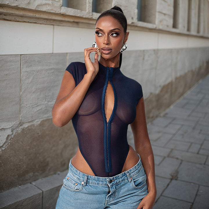Damen Body mit transparentem Oberteil und raffiniertem Reißverschluss Echo Archiv