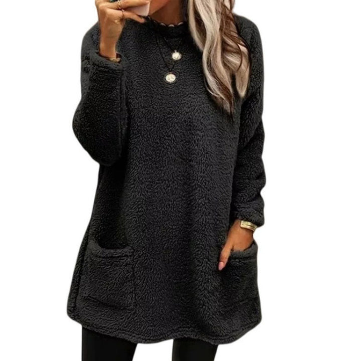 Damen nan kuscheliger langer Teddy-Pullover Oversize mit Rundhalsausschnitt und Eingrifftaschen Echo Archiv