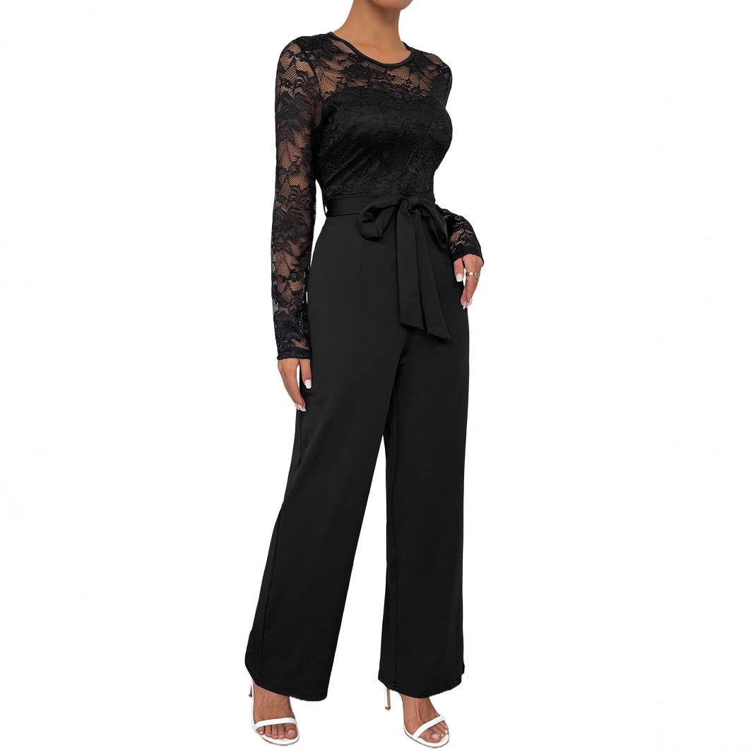 Damen Eleganter Jumpsuit mit transparentem Spitzentop, taillenbetonter Bindeschärpe & weitem Palazzo‑Bein Echoarchiv