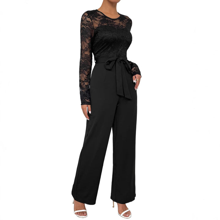 Damen Eleganter Jumpsuit mit transparentem Spitzentop, taillenbetonter Bindeschärpe & weitem Palazzo‑Bein Echoarchiv