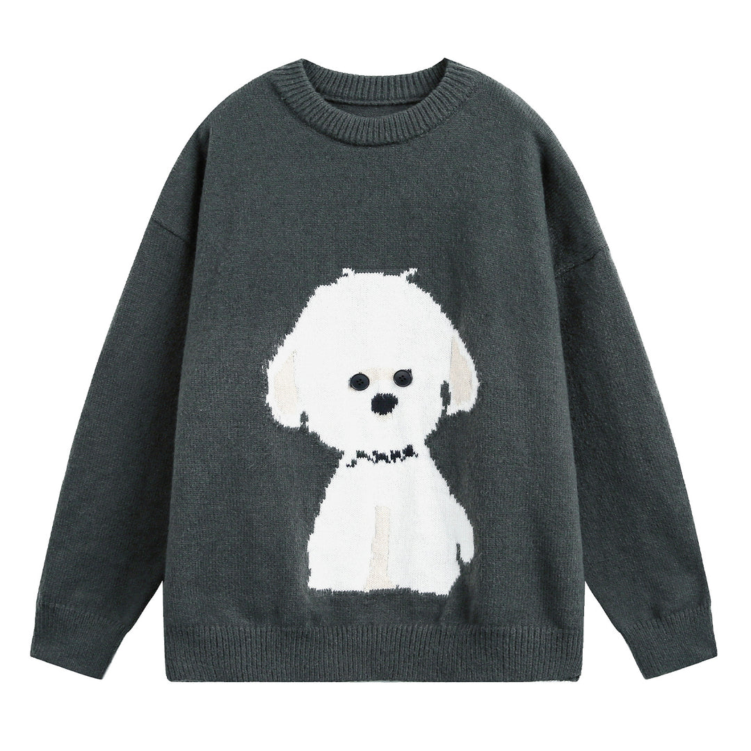 Damen Oversize Strickpullover mit gewebtem Hundemotiv und Knopfaugen Echo Archiv