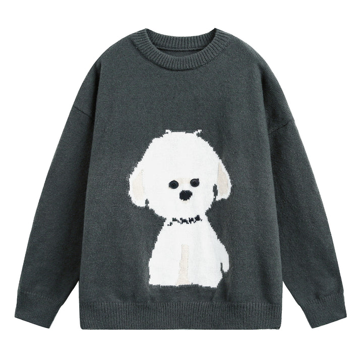 Damen Oversize Strickpullover mit gewebtem Hundemotiv und Knopfaugen Echo Archiv