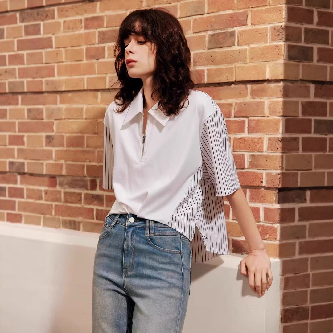 Damen Modisches Polo Shirt mit trendigen Streifen und Reißverschluss Echo Archiv
