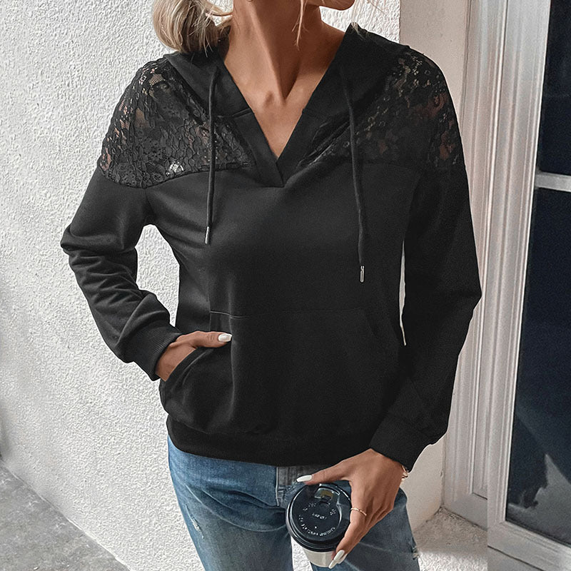 Damen Hoodie mit V-Ausschnitt, Spitzen-Schulterbesatz und Kängurutasche Echoarchiv