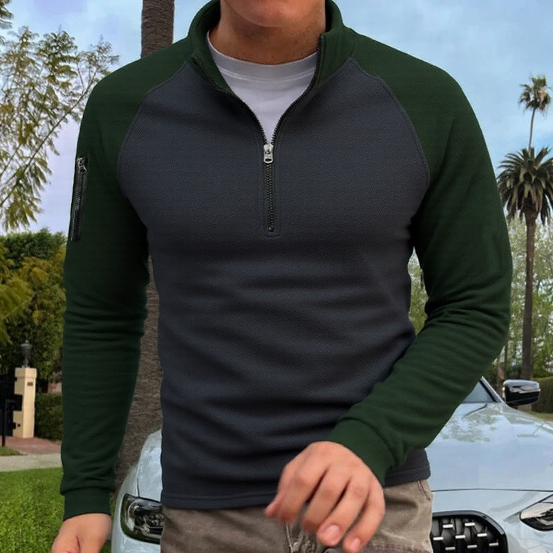 Herren slimfit Halbzip-Pullover mit Raglanärmeln, Waffelstruktur und Ärmeltasche – Marzano