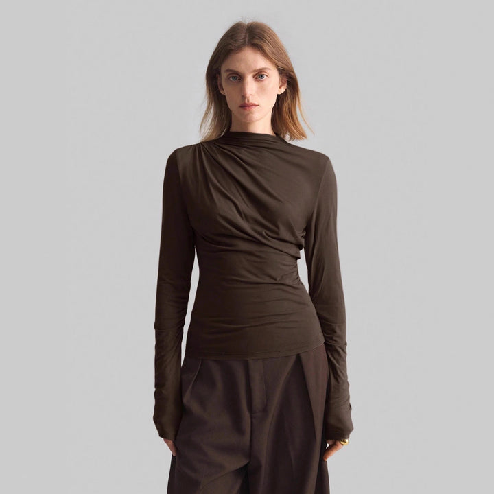 Damen nan schmal geschnittenes Langarmshirt mit asymmetrischer Drapierung und seitlicher Raffung Echo Archiv
