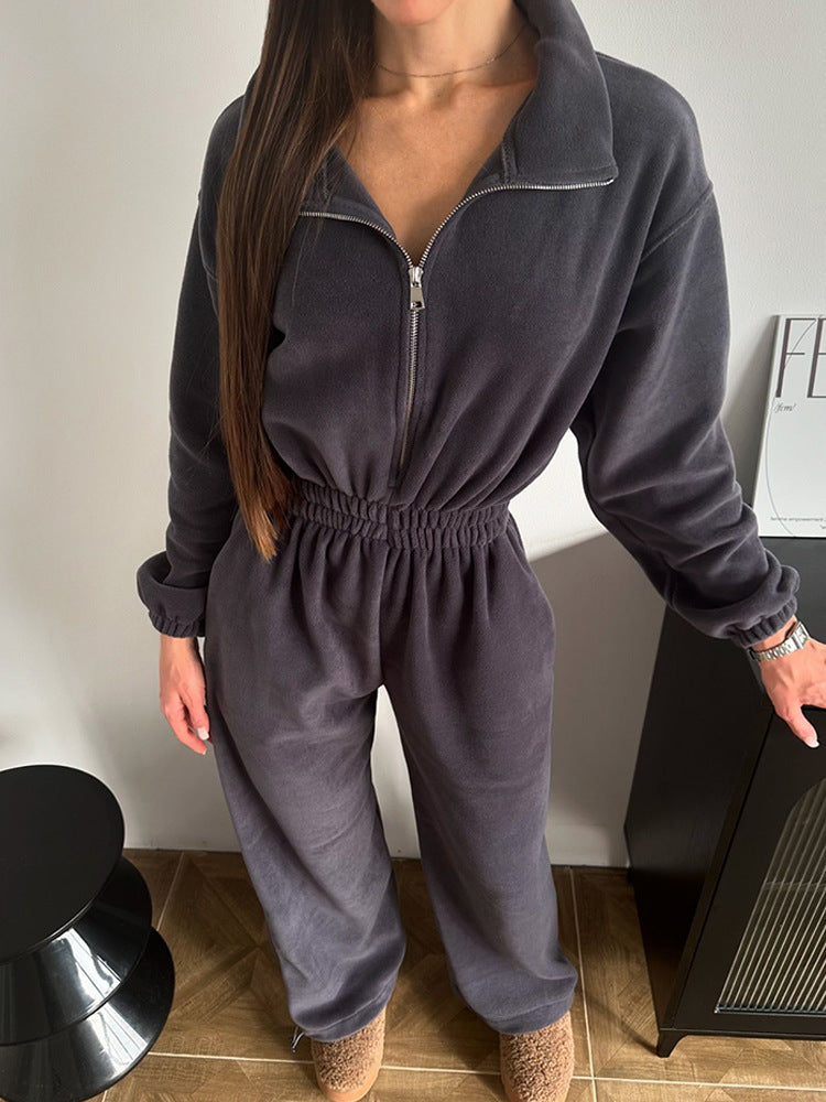 Damen kuscheliger Plüsch-Jumpsuit mit halbem Reißverschluss und elastischer Taille – Solévia