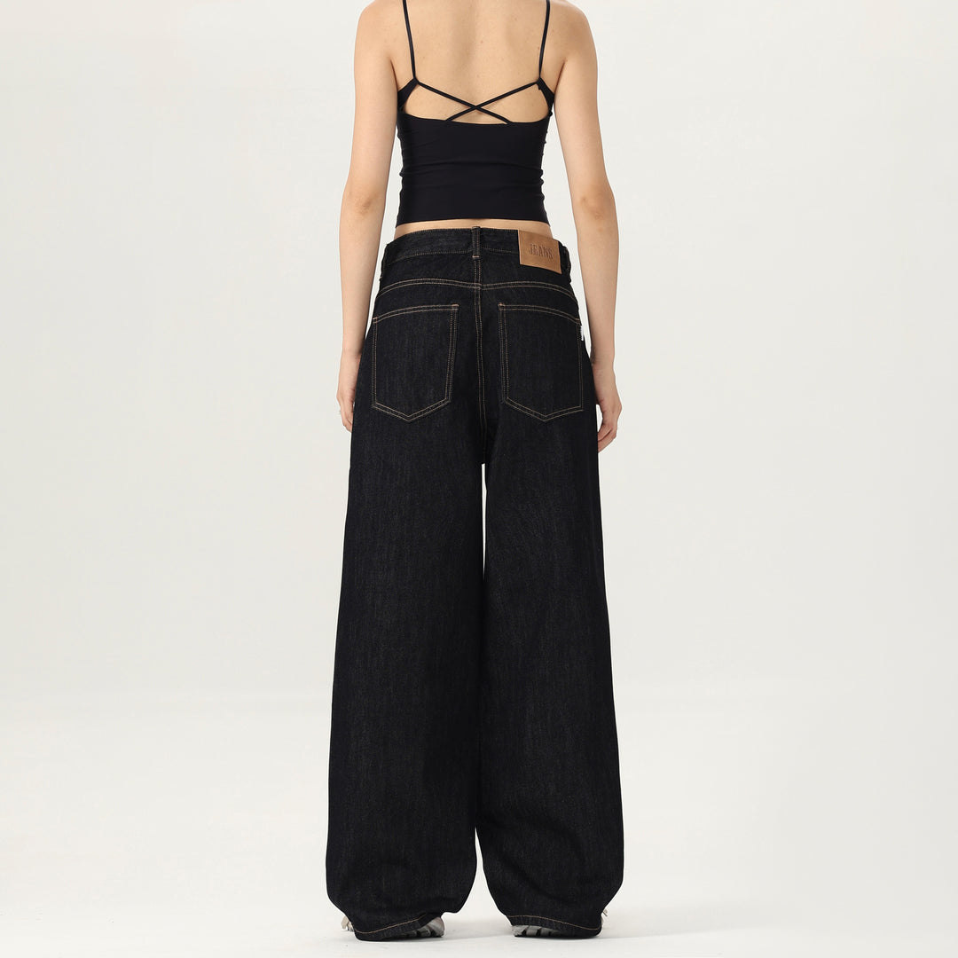 Damen Weite tiefsitzende Baggy-Denimhose im Marlene-Stil mit Kontrastnähten Echo Archiv