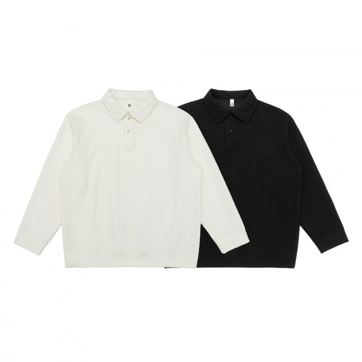 Unisex Poloshirt-Strickpullover mit Zopfmuster, Boxy‑Schnitt und Hemdkragen Echo Archiv
