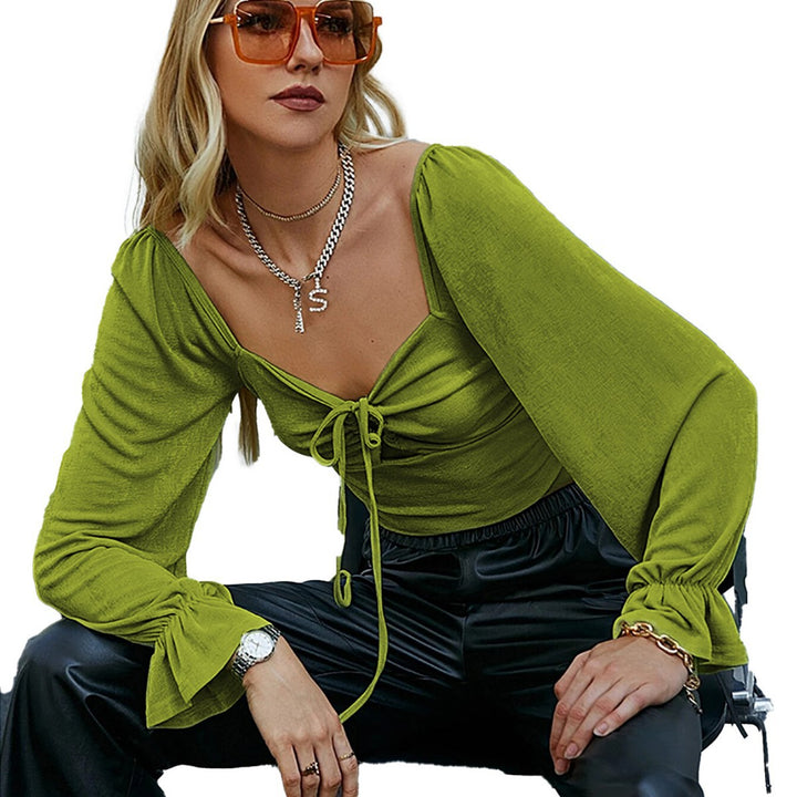 Damen gerafftes Crop-Top mit Herz-Bustier, Knoten-Detail und voluminösen Trompetenärmeln – Avérine