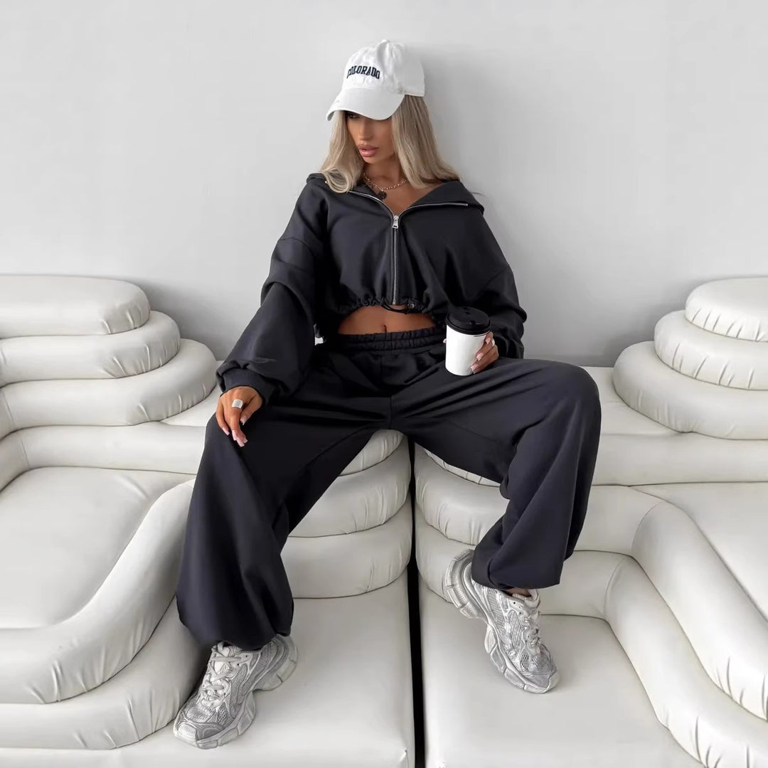 Damen weit geschnittenes Cropped-Zip-Hoodie und Palazzo-Jogger Set – Auréline