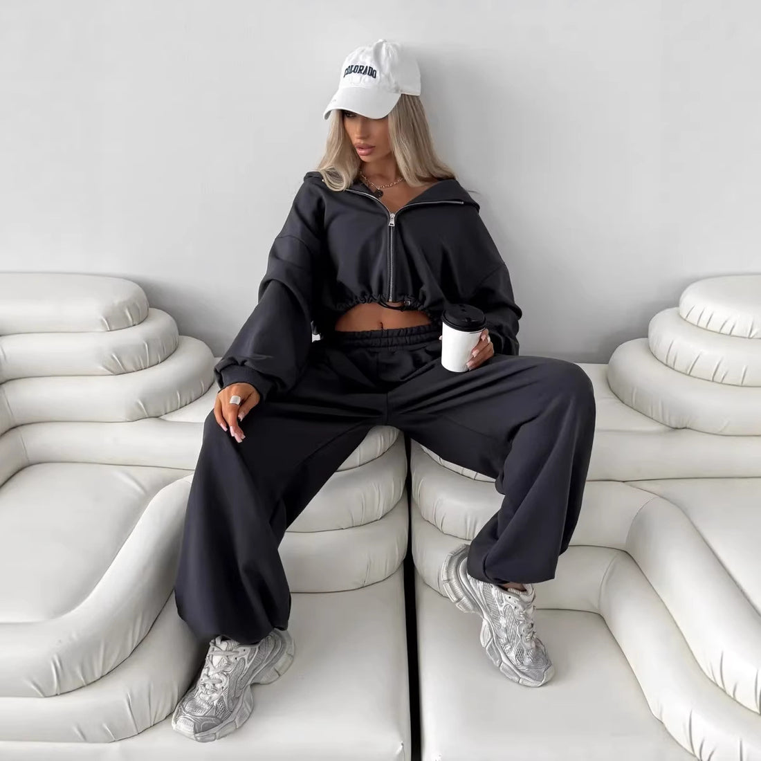 Damen weit geschnittenes Cropped-Zip-Hoodie und Palazzo-Jogger Set – Auréline