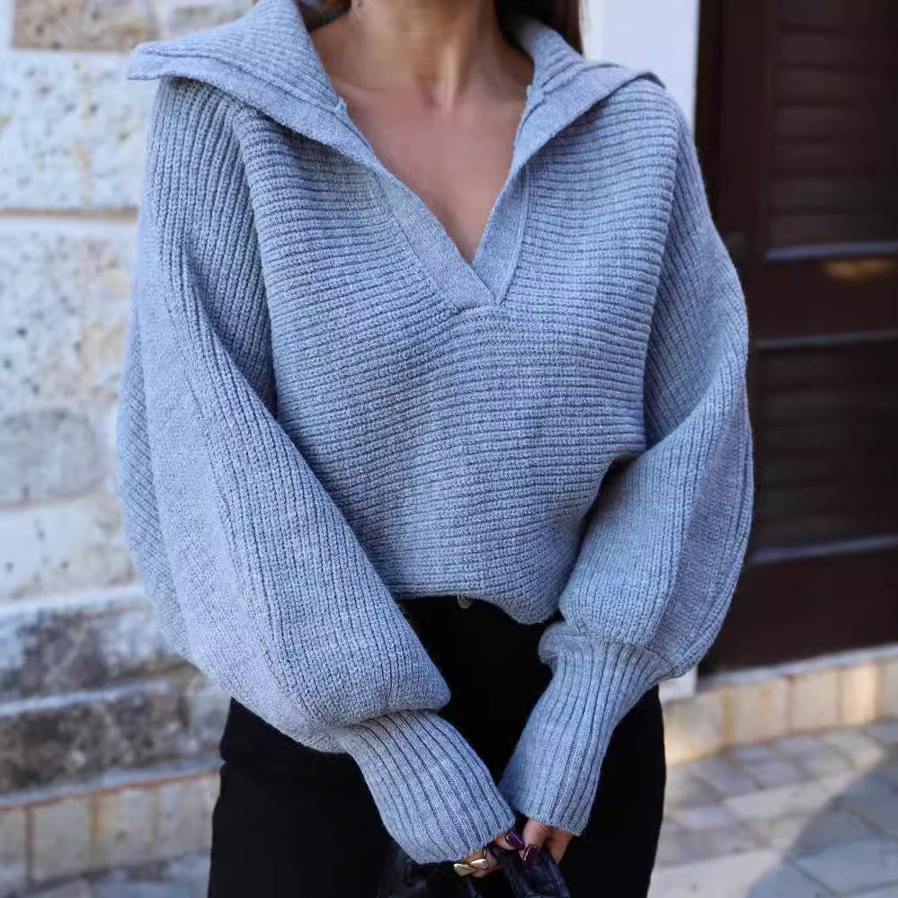 Damen Oversize Rippsweater mit Reverskragen und tiefem V‑Ausschnitt Echoarchiv