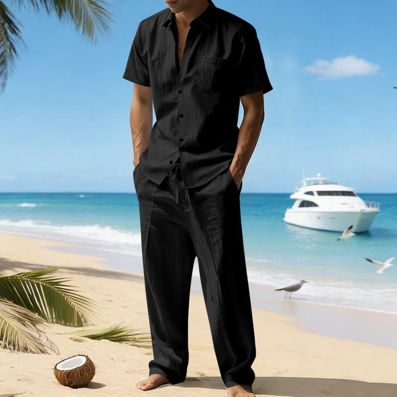 Herren nan resort-taugliches Kurzarm-Hemd mit Brusttasche und lässiger Leinen-Kordelhose Echo Archiv