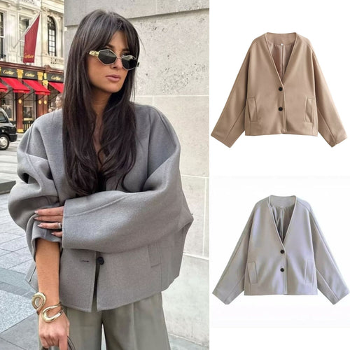 Damen nan oversized V-Neck Kurzjacke aus Wollmix mit Raglanärmeln und aufgesetzten Taschen Echo Archiv