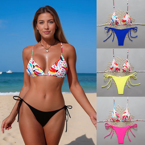 Damen Triangel-Bikini mit buntem Fruchtmuster und verstellbaren Bändern Echo Archiv