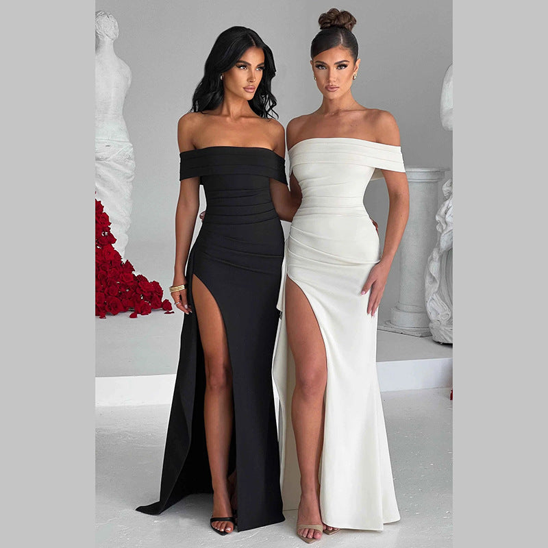 Damen elegantes schulterfreies Wickelkleid mit hohem Schlitz Echo Archiv