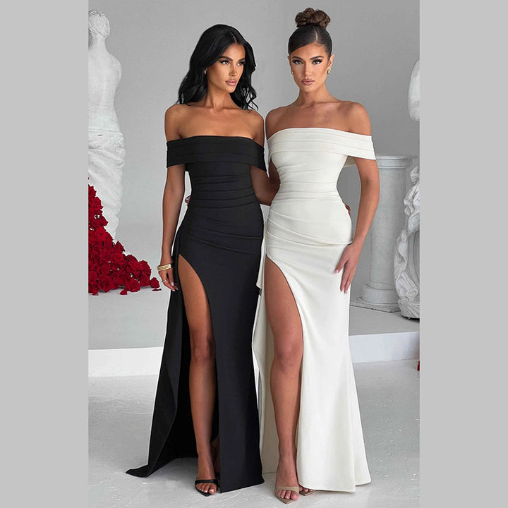 Damen elegantes schulterfreies Wickelkleid mit hohem Schlitz Echo Archiv