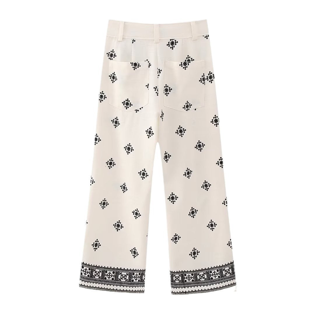 Damen Bestickte Culotte-Hose mit weitem Bein und Bordürenprint Echoarchiv