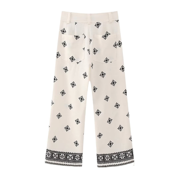 Damen Bestickte Culotte-Hose mit weitem Bein und Bordürenprint Echoarchiv