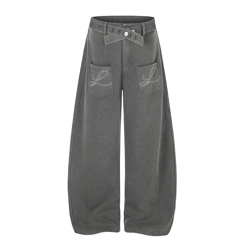 Damen Weite High‑Waist Palazzo-Jogginghose mit aufgesetzten Taschen, Zierstickerei und verstellbarem Gürtel Echoarchiv
