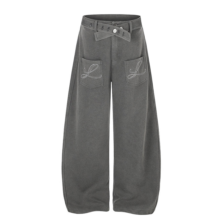 Damen Weite High‑Waist Palazzo-Jogginghose mit aufgesetzten Taschen, Zierstickerei und verstellbarem Gürtel Echoarchiv