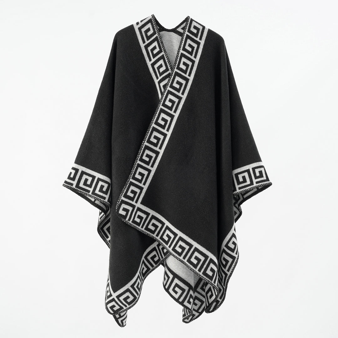 Damen Cape‑Poncho mit Mäander‑Bordüre und Wollmix‑Qualität – Montévia
