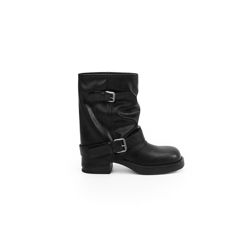 Damen Wadenhohe Bikerstiefel aus Glattleder mit Doppelschnallen und gerafftem Schaft Echo Archiv