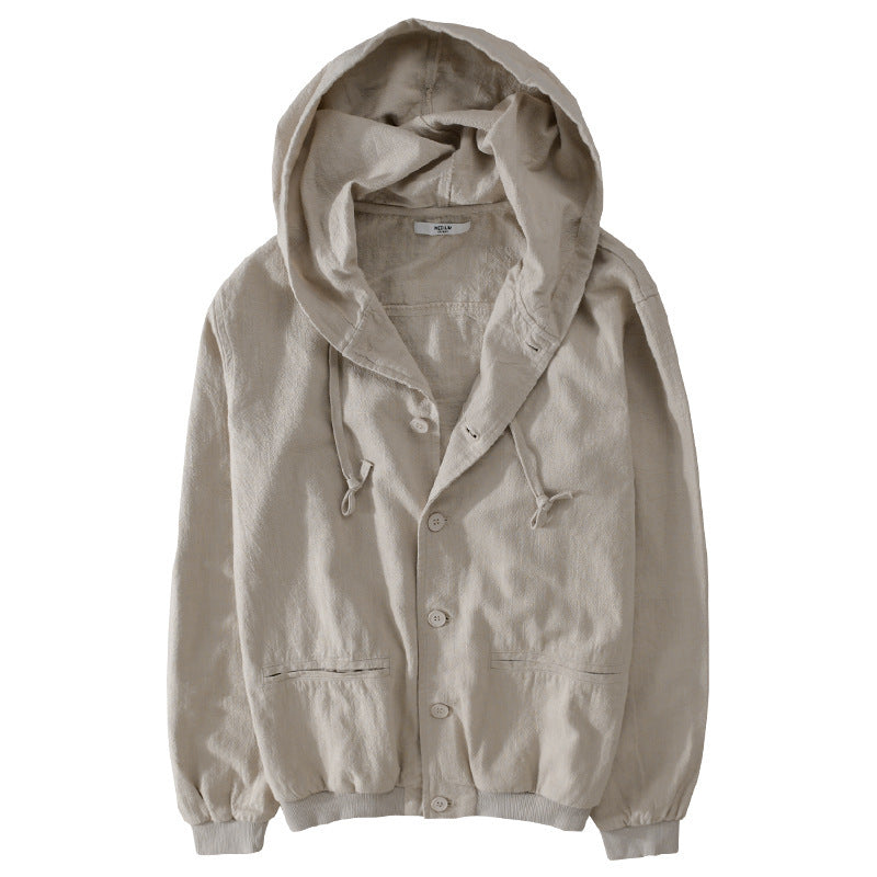 Herren Leichte Leinen-Hoodiejacke mit Knopfleiste und Kordelzug Echoarchiv
