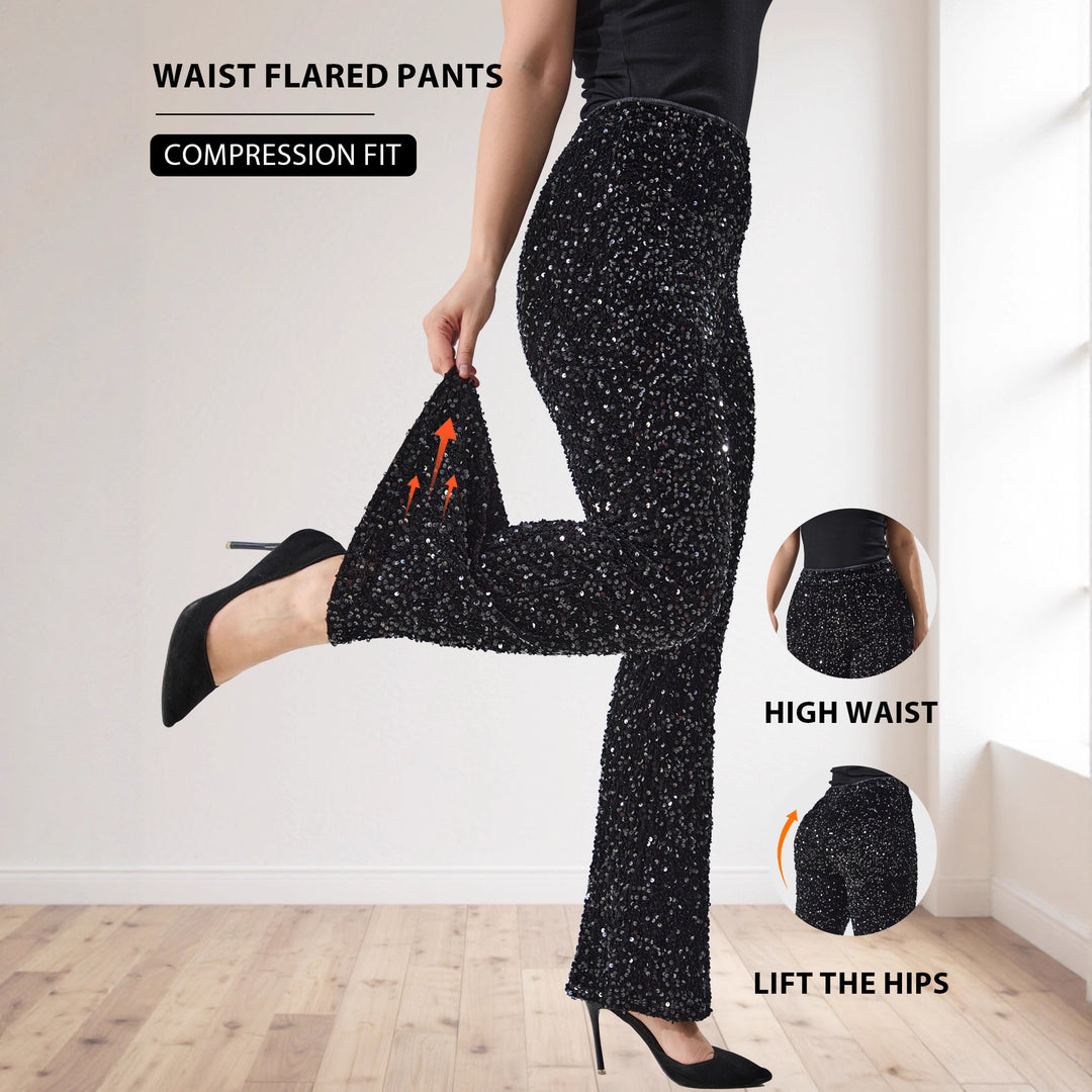Damen Glitzernde Pailletten-Hose mit weitem Bein und hoher Taille echoarchiv-
