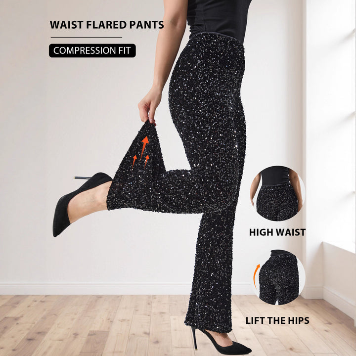 Damen Glitzernde Pailletten-Hose mit weitem Bein und hoher Taille echoarchiv-