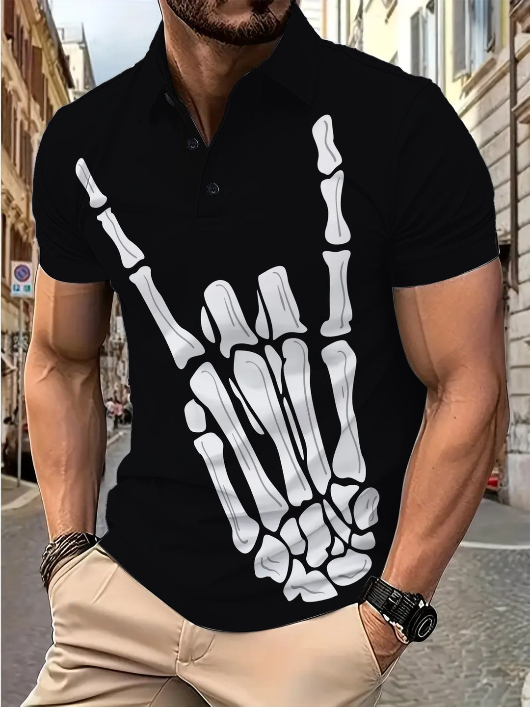 Herren Poloshirt mit auffälligem Skelett-Motiv und hochwertigem Baumwollmix Echoarchiv