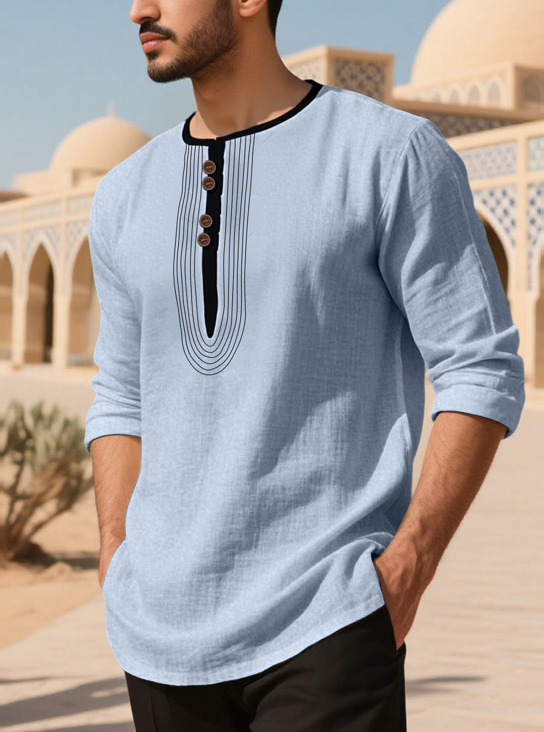 Herren nan lässiges Leinenmix-Langarmshirt mit dekorativer Knopfleiste und Ziersteppung Echo Archiv