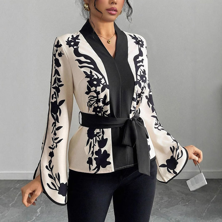 Damen Kimono-Bluse mit floralem Druck, V-Ausschnitt und Taillenbindegürtel – Avérine