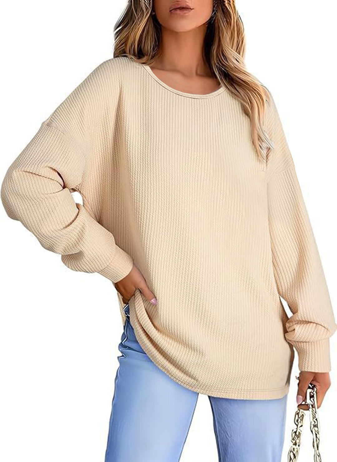 Damen Oversize Waffelstrickpullover mit Rundhals, Ballonärmeln und verlängertem Saum Echoarchiv