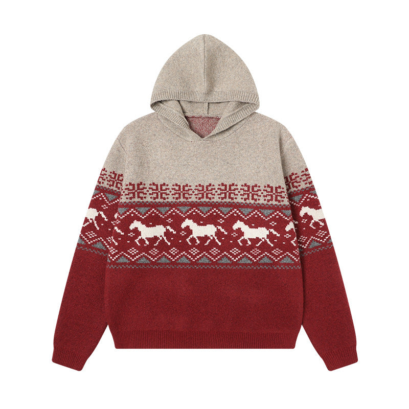 Damen Gemütlicher Grobstrickpullover mit Kapuze und Pferdemotiv Echoarchiv
