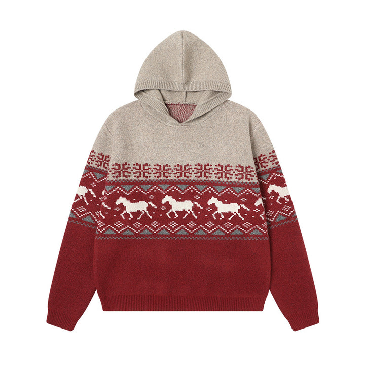 Damen Gemütlicher Grobstrickpullover mit Kapuze und Pferdemotiv Echoarchiv
