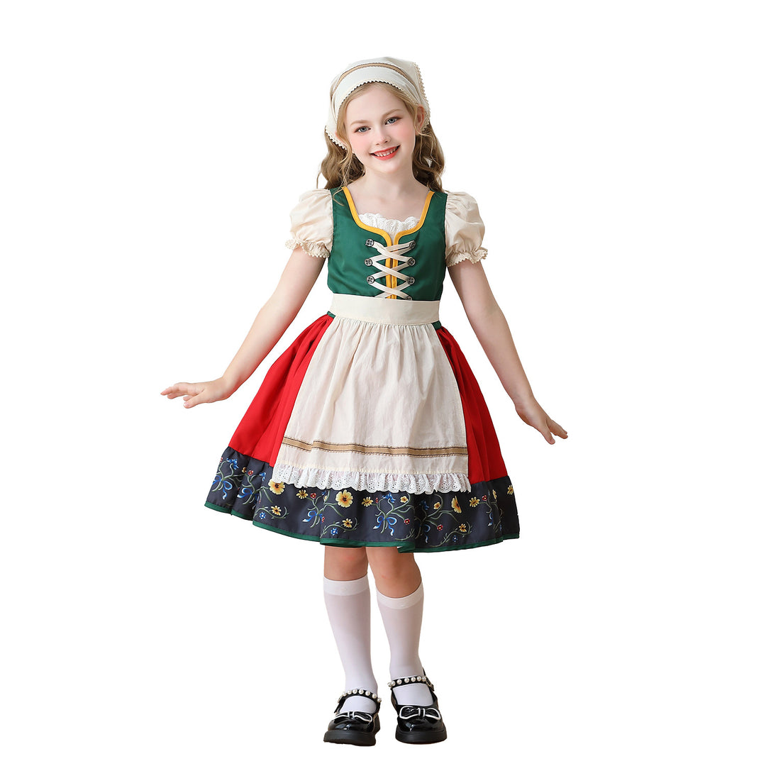 Damen nan traditionelles Kinderdirndl Kleid mit dekorativer Schnürung Schürze und Spitzenkopftuch Echo Archiv