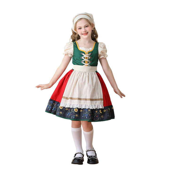 Damen nan traditionelles Kinderdirndl Kleid mit dekorativer Schnürung Schürze und Spitzenkopftuch Echo Archiv
