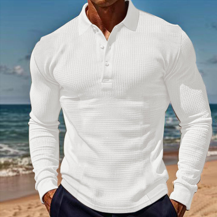 Herren eleganter Langarm-Polo mit Knopfleiste und strukturiertem Design Echoarchiv