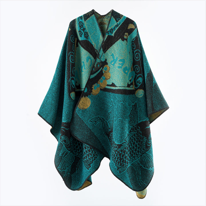 Damen Jacquard-Strick Cape mit Koi-Motiv und weitem Oversize-Fall Echo Archiv