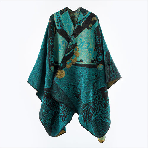 Damen Jacquard-Strick Cape mit Koi-Motiv und weitem Oversize-Fall Echo Archiv
