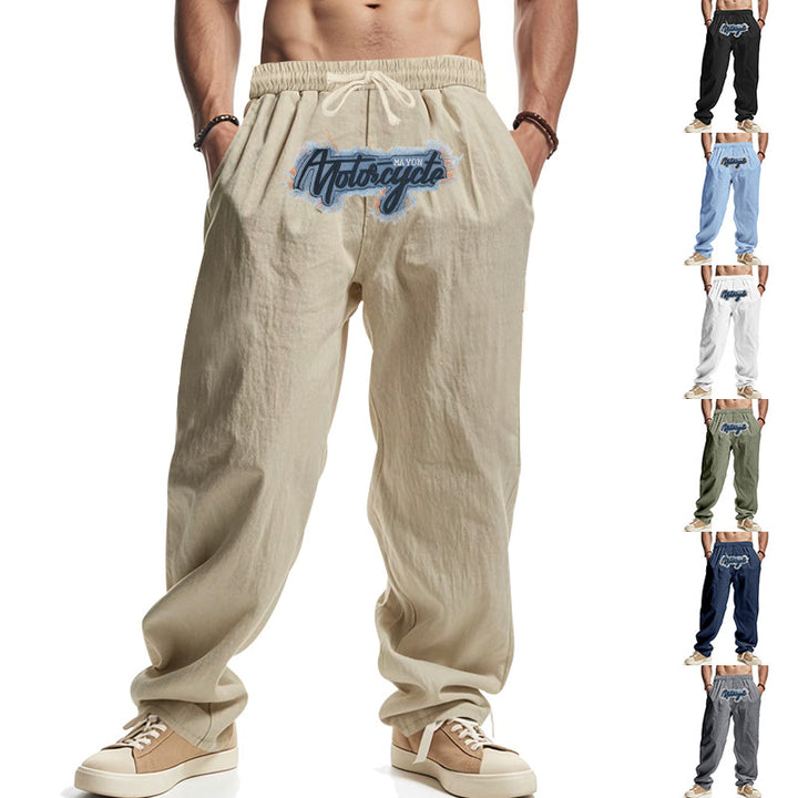 Herren Locker sitzende Leinenoptik-Relaxhose mit elastischem Bund, Kordelzug & Frontprint – Sorevano